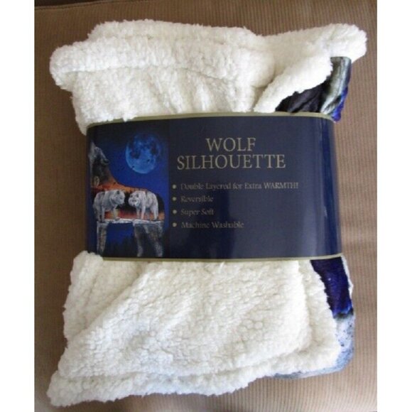 New Wolf Wolves and Moon Sherpa Gift Fleece Throw Blanket Sihouette Orange Sky - Picture 3 of 4